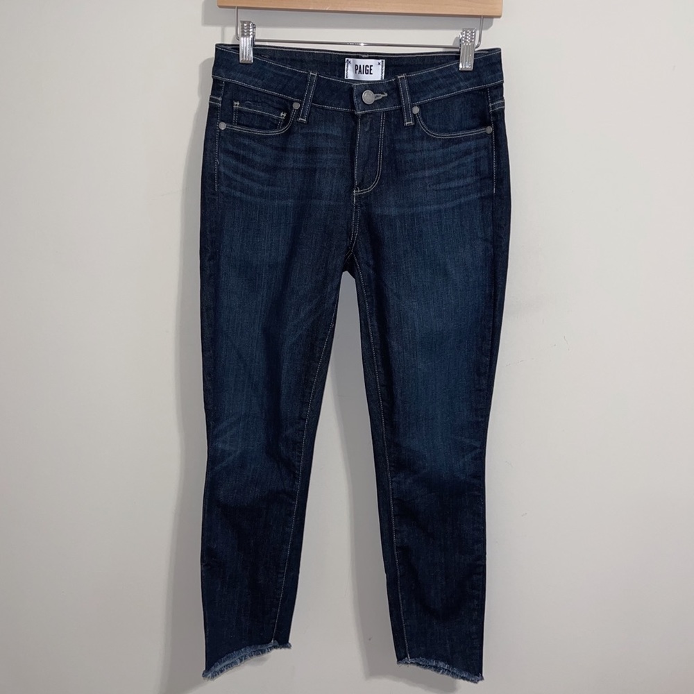 Paige Jamila Distress Asymmetric Raw Hem Verdugo Ankle Skinny Jeans 27